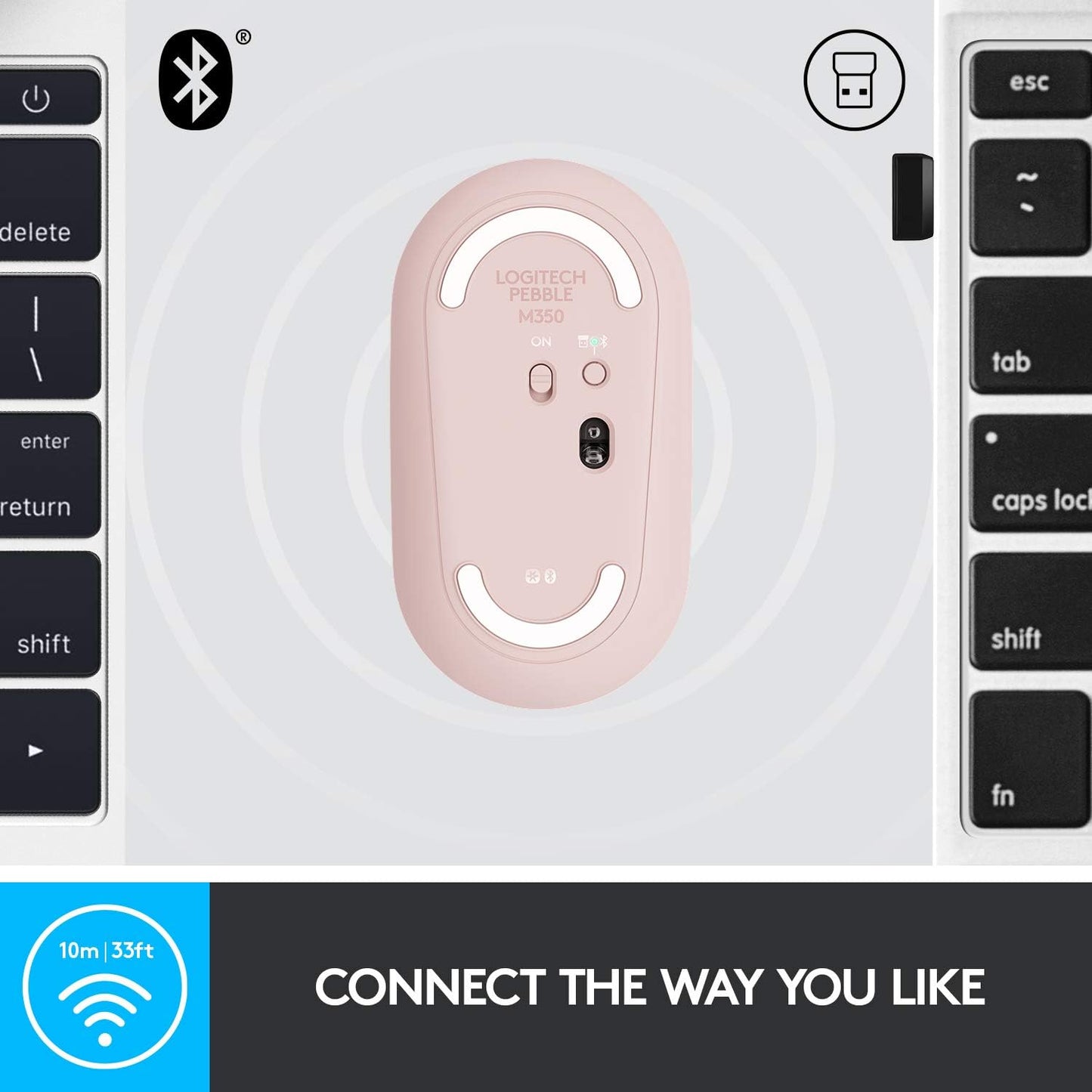 Logitech M350 Pebble Wireless Mouse with Bluetooth or 2.4 GHz Receiver Silent click (Pink Rose)