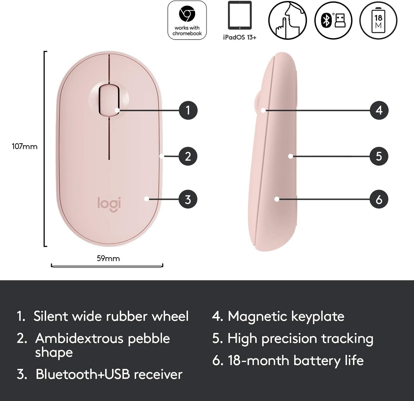 Logitech M350 Pebble Wireless Mouse with Bluetooth or 2.4 GHz Receiver Silent click (Pink Rose)