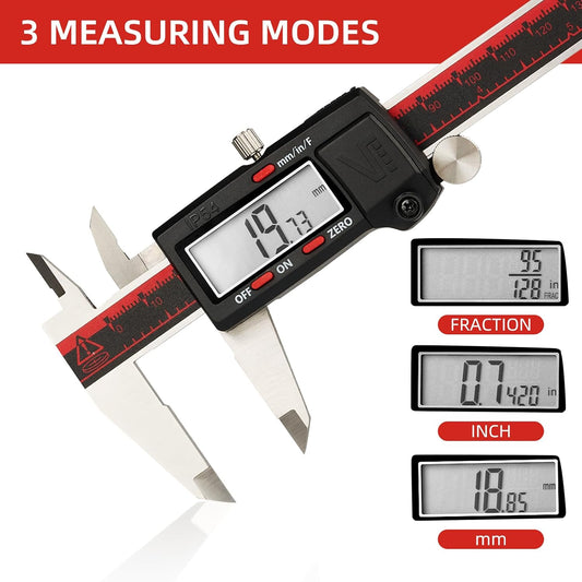 VINCA IP54 Grade Digital Caliper | DCLA-0605 6 Inch/150mm | Inch/Millimeter/Fraction Conversion | Stainless Steel | Large LCD Screen